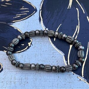 Vintage Chunky Silver Tone Beaded Textured Stretch Bracelet A2